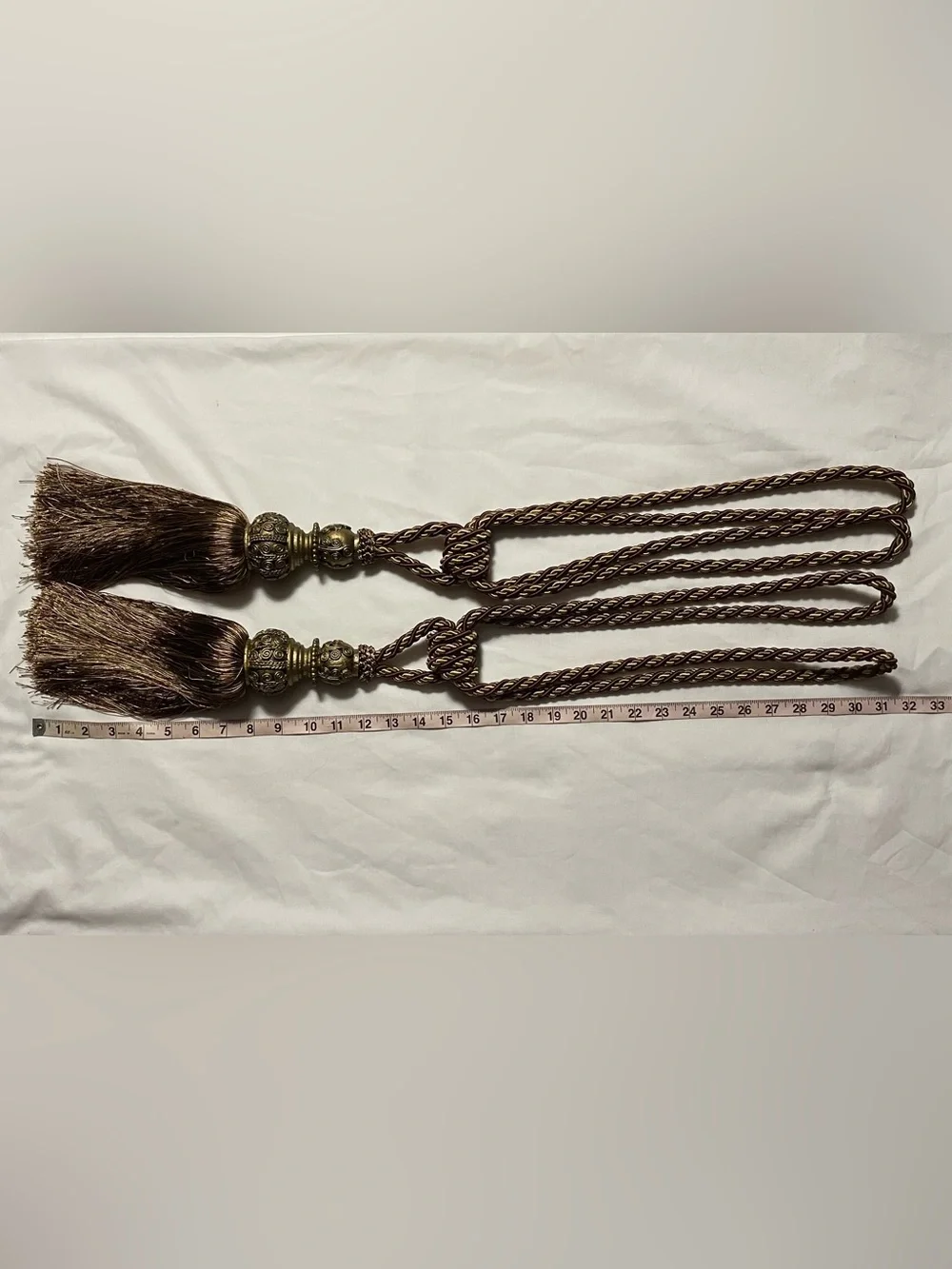 Vintage Large Tassel Curtain Tiebacks - Twisted Brown & Gold Braided Rope Pair